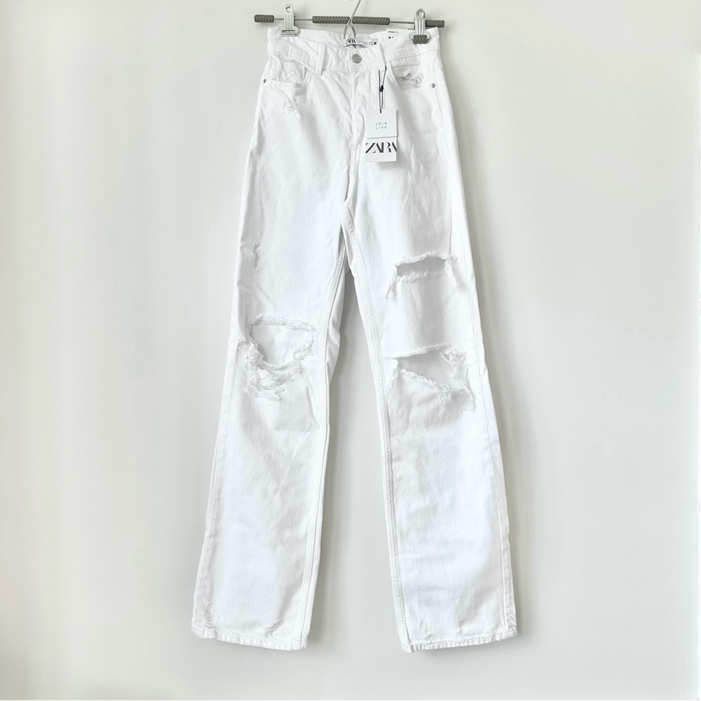ZARA | (NWT) WHITE DISTRESSED WIDE LEG Z1975 FULL LENGTH RIPPED JEANS STRAIGHT